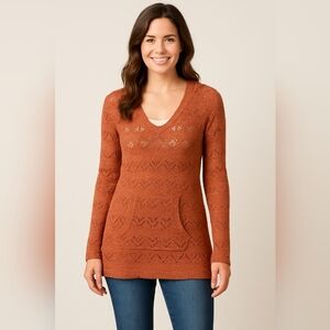Aventura • L • Rust Terracotta Wool Blend Knit Tunic Sweater • Hooded V-Neck •